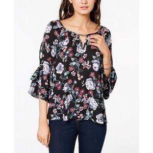 BCX Keyhole Floral-Print Bell-Sleeve Blouse